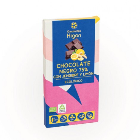 TABLETA CHOCOLATE 75% JENGIBRE Y LIMON ECO 100 G - HIGON
